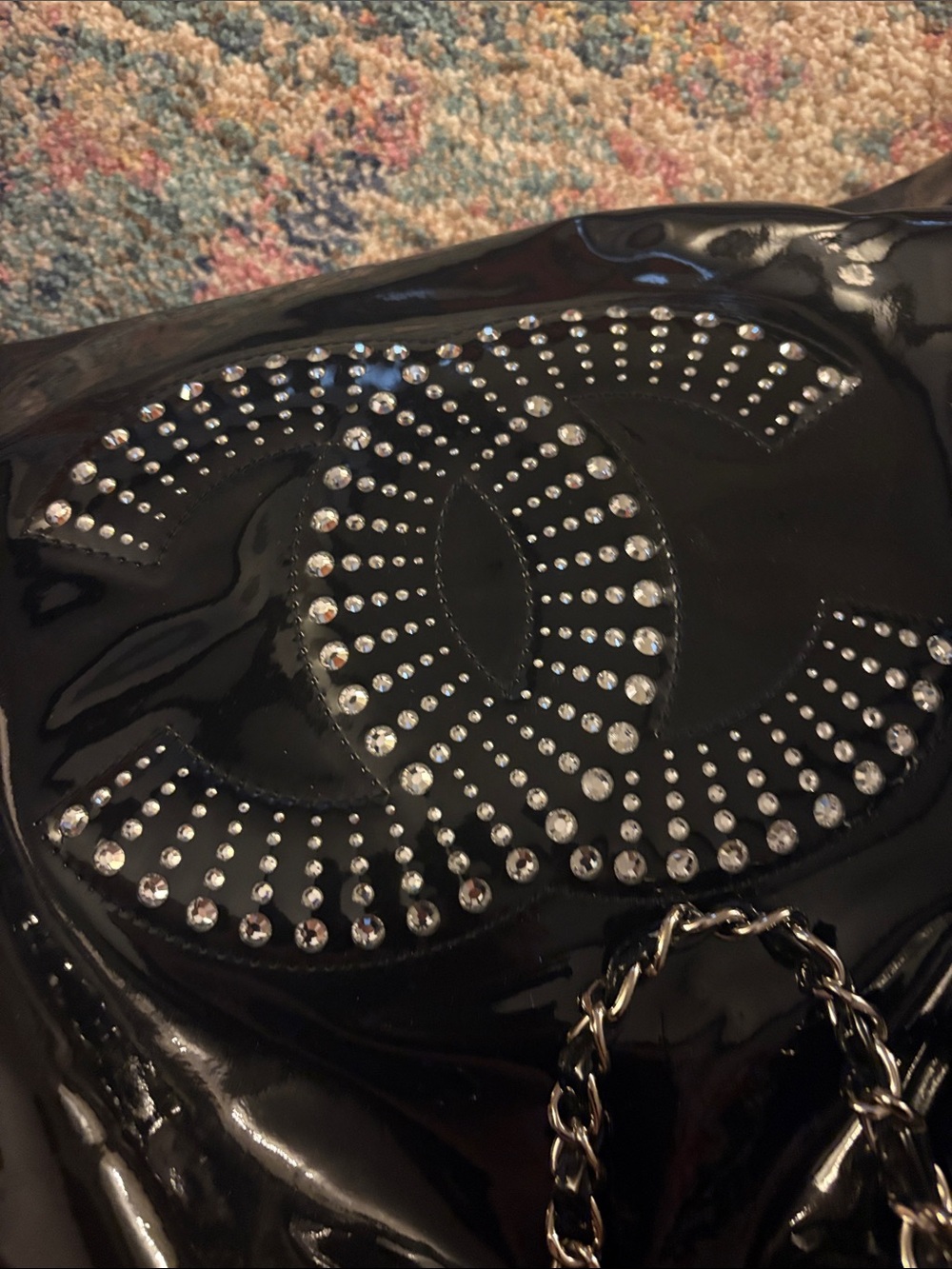Chanel large black Patent Leather Crystal Studded Double-C Toggle Bon Bon Tote - Picture 5 of 12